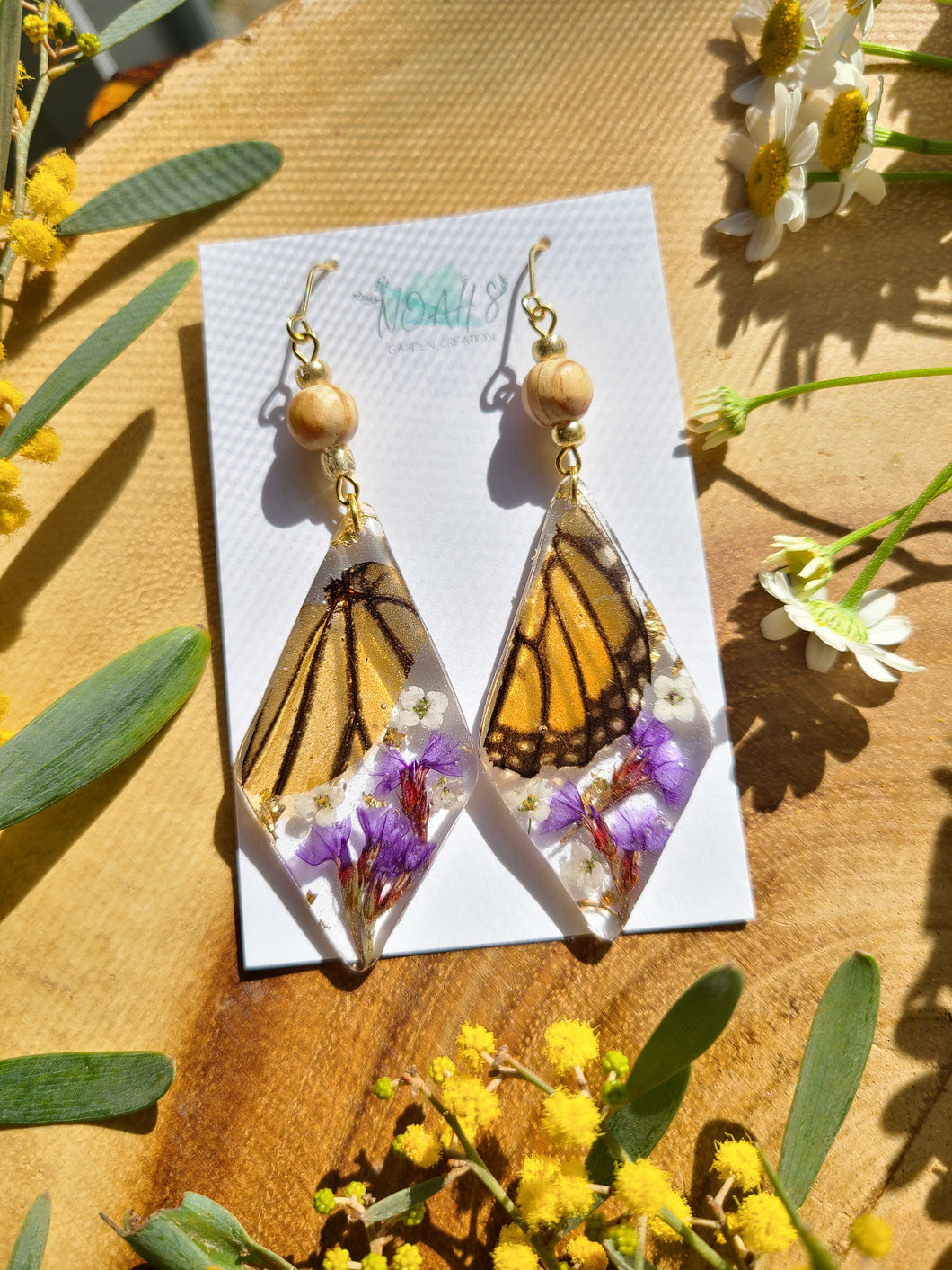 Spring Butterfly Collection- embedded Monarch Wings in resin, diamond drop, wooden beads