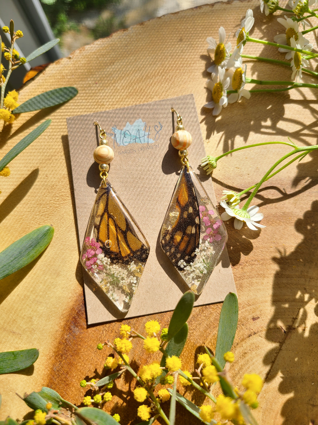 Spring Butterfly Collection- embedded Monarch Wings in resin, diamond drop, wooden beads
