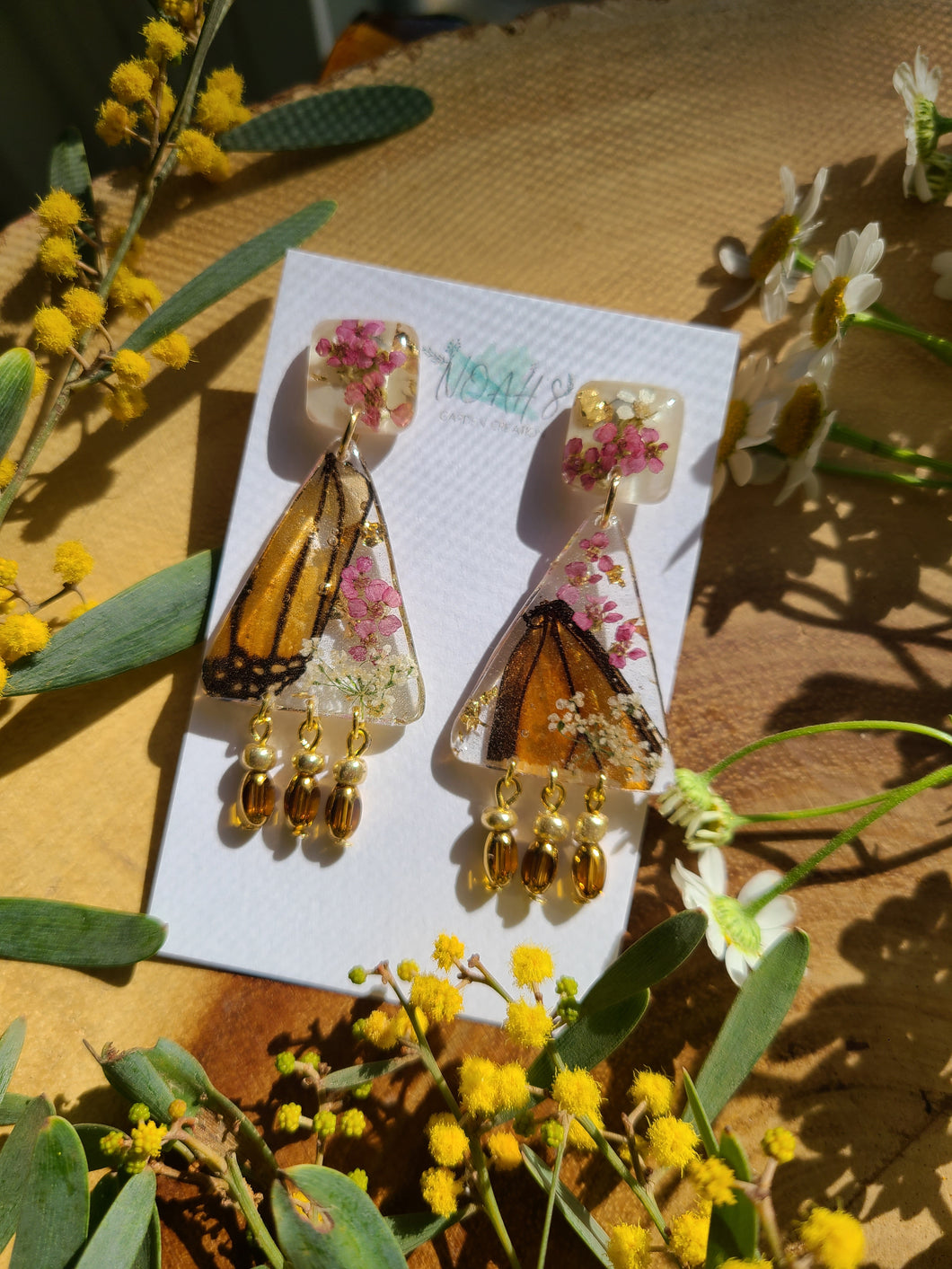 Spring Butterfly Collection- embedded Monarch Wings in resin,  triangular dangle with tassle