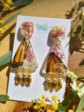 Load image into Gallery viewer, Spring Butterfly Collection- embedded Monarch Wings in resin,  triangular dangle with tassle
