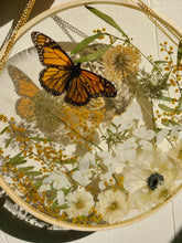 Load image into Gallery viewer, Large Monarch Butterfly Garden wall hanging, 10 inches in diameter, clear background, golden sun
