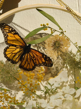 Load image into Gallery viewer, Large Monarch Butterfly Garden wall hanging, 10 inches in diameter, clear background, golden sun
