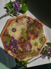 Load image into Gallery viewer, Wooden Floral Centerpiece Vanity Tray, 10 inch geometric tray, real pressed flower in resin, FDA food safe resin
