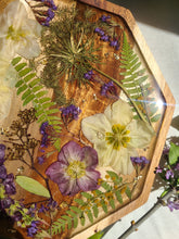 Load image into Gallery viewer, Wooden Floral Centerpiece Vanity Tray, 10 inch geometric tray, real pressed flower in resin, FDA food safe resin
