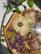 Load image into Gallery viewer, Wooden Floral Centerpiece Vanity Tray, 10 inch geometric tray, real pressed flower in resin, FDA food safe resin
