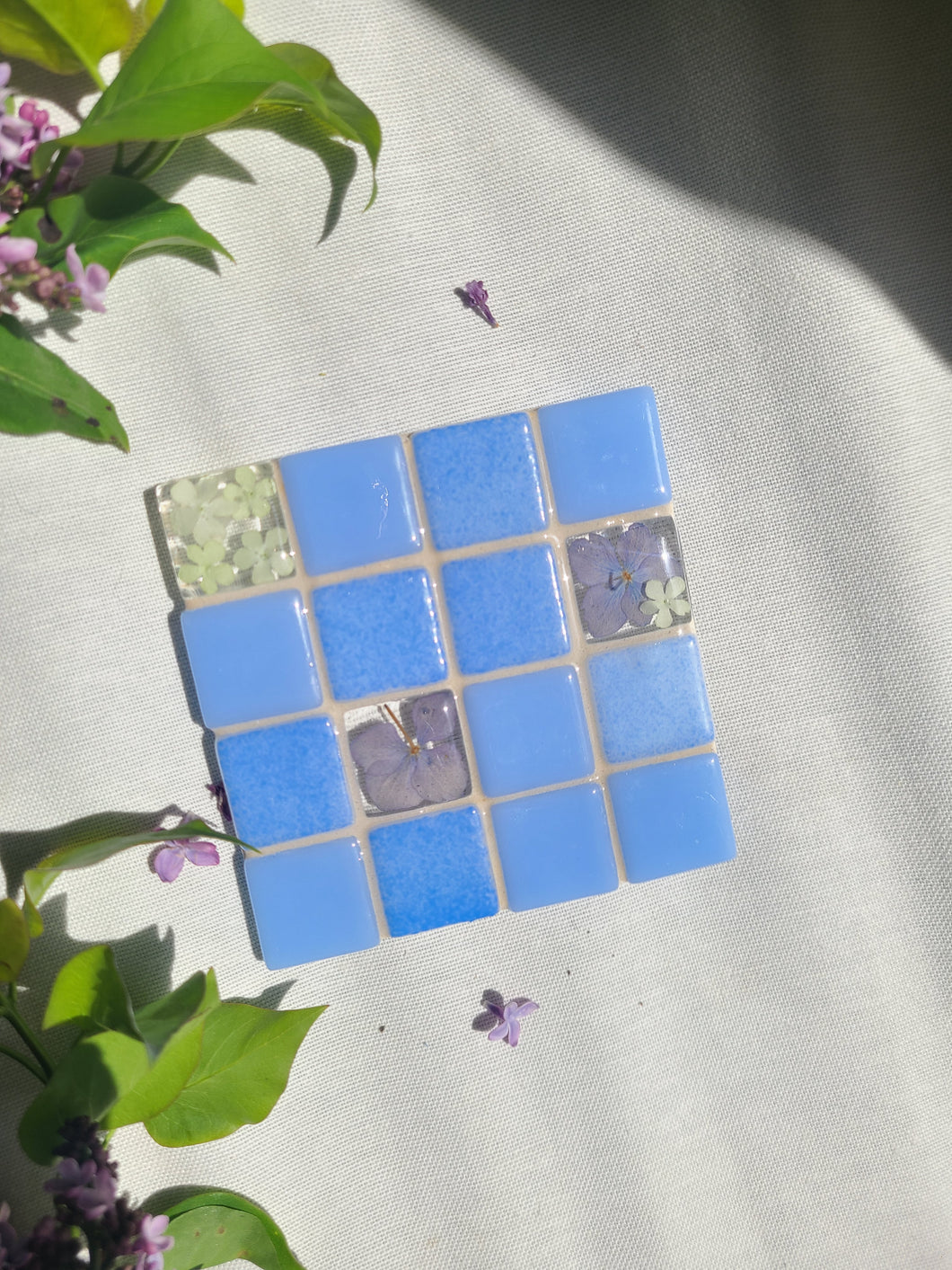 Tiled Coaster- spring hydrangeas, 4x4, light blue