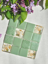 Load image into Gallery viewer, Tiled Coaster- Little Spring Blossoms, 4x4, light sage green
