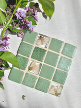 Load image into Gallery viewer, Tiled Coaster- Little Spring Blossoms, 4x4, light sage green
