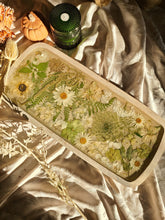 Load image into Gallery viewer, Large neutral flowers charcuterie board, 22 x 10 inches, solid wood tray, made with FDA food safe resin
