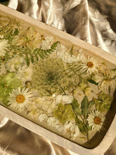 Load image into Gallery viewer, Large neutral flowers charcuterie board, 22 x 10 inches, solid wood tray, made with FDA food safe resin
