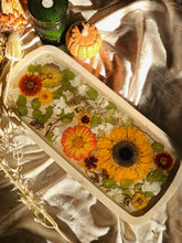 Load image into Gallery viewer, Large sunflower charcuterie board, 20 x 9 inches, solid wood tray, made with FDA food safe resin
