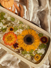 Load image into Gallery viewer, Large sunflower charcuterie board, 20 x 9 inches, solid wood tray, made with FDA food safe resin
