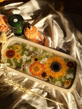 Load image into Gallery viewer, Large sunflower charcuterie board, 20 x 9 inches, solid wood tray, made with FDA food safe resin
