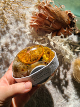 Load image into Gallery viewer, Tea ligh candle holder, orange slices, real dried flower in resin, organic pebbled shape
