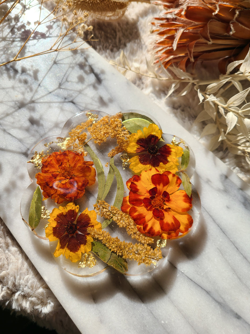 Single marigold coaster, real pressed flower in resin, FDA food safe resin