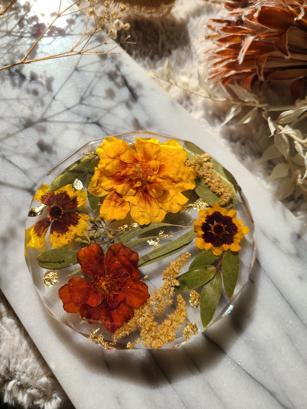 Single marigold coaster, real pressed flower in resin, FDA food safe resin