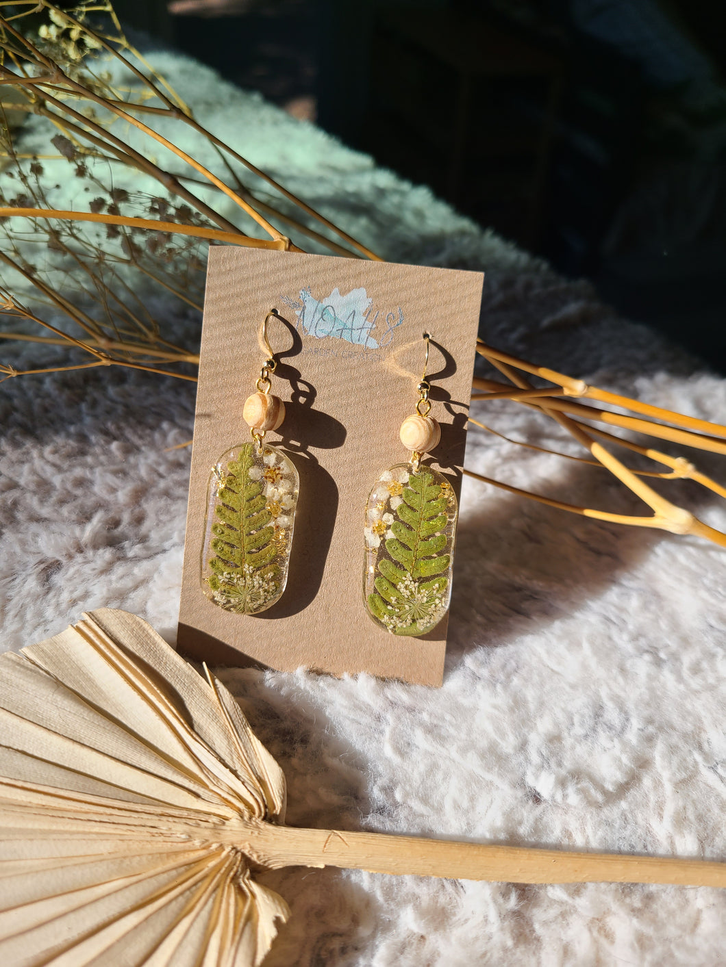 Ferns, toyon flower earrings