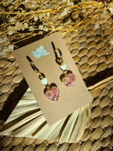 Load image into Gallery viewer, Little pink yarrow hearts on golden hoops
