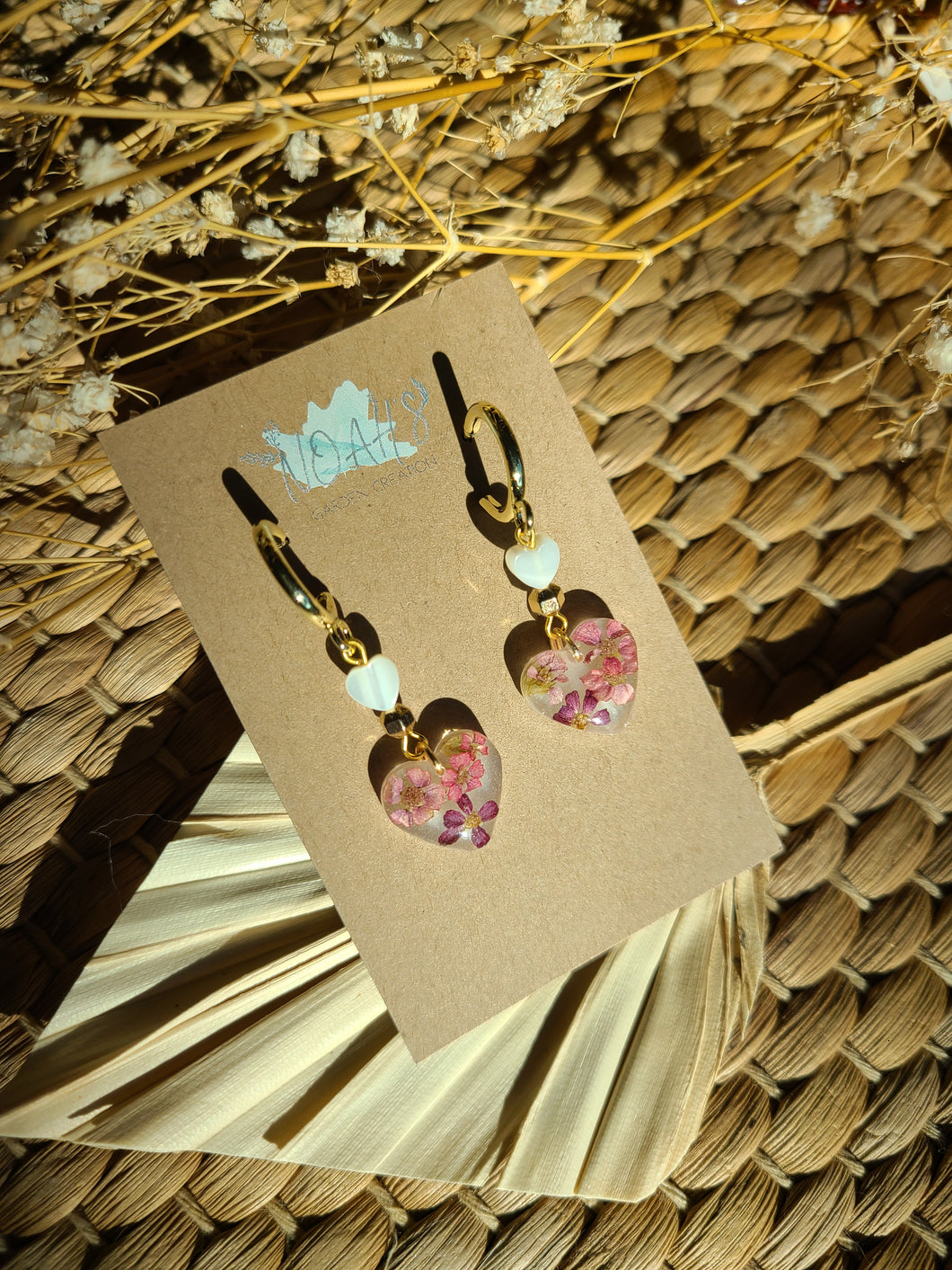 Little pink yarrow hearts on golden hoops