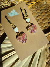 Load image into Gallery viewer, Little pink yarrow hearts on golden hoops
