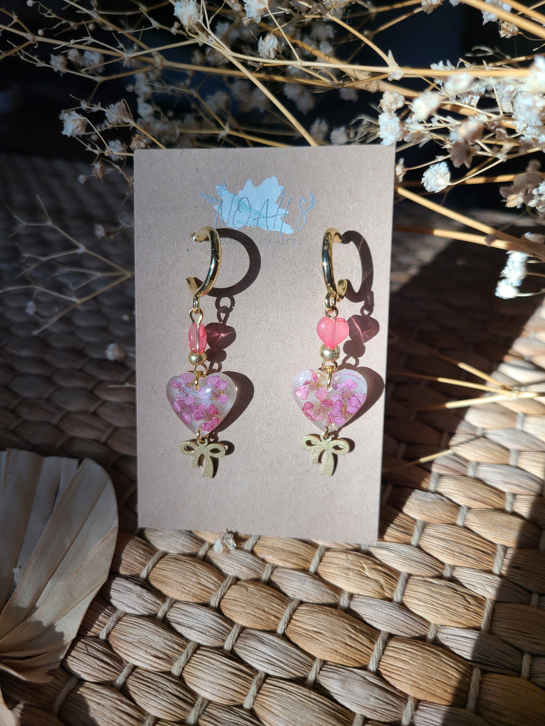 Little pink yarrow hearts on golden hoops