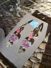 Load image into Gallery viewer, Little pink yarrow hearts on golden hoops
