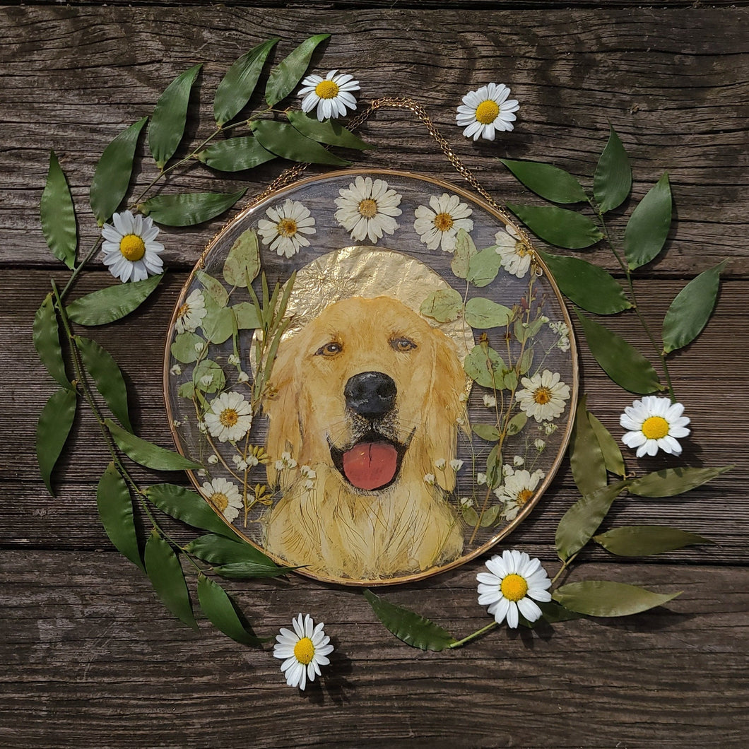 Custom Pet Portrait, 8 inch acrylic pet portraits with pressed botanicals