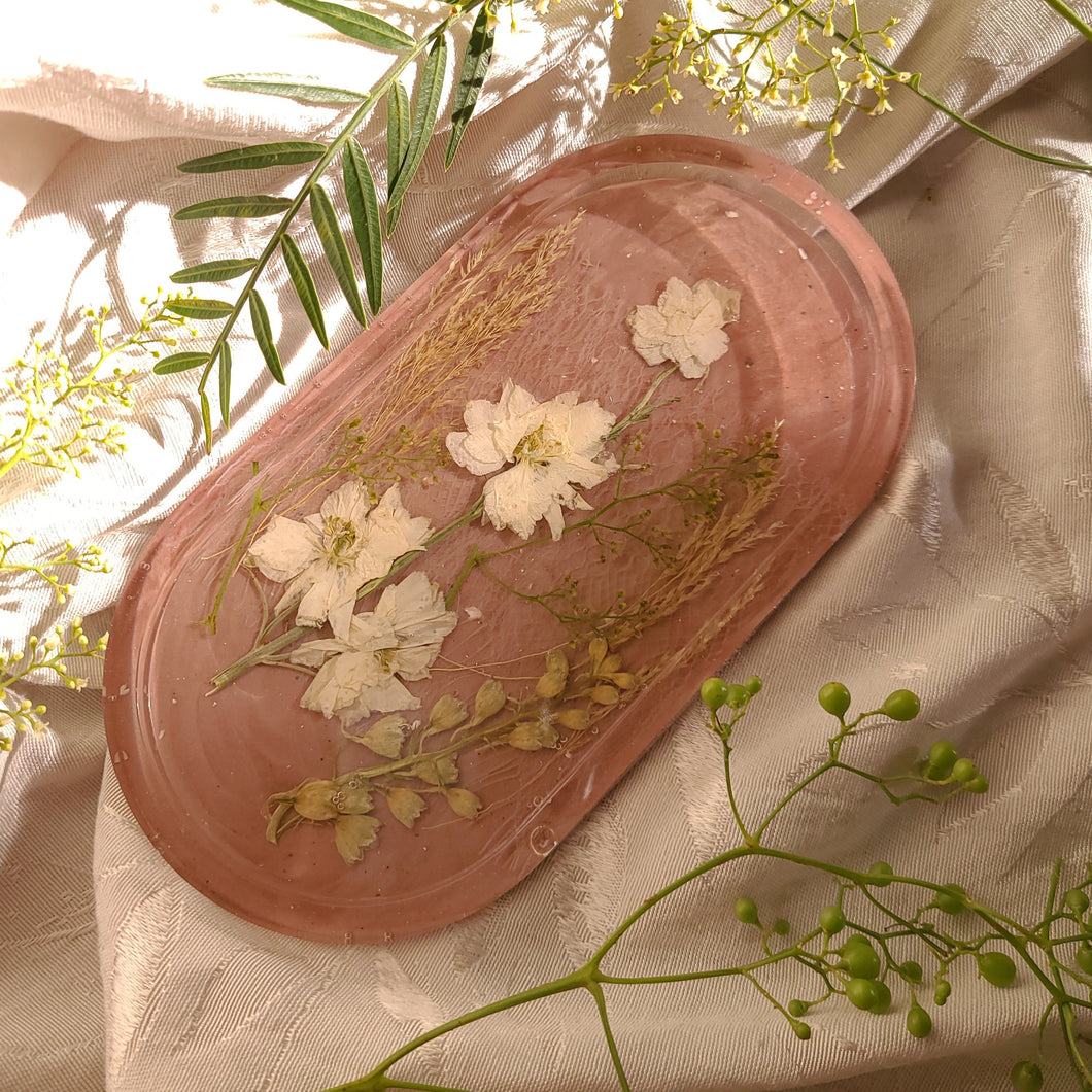 White Larkspur vanity tray,  7 inches x 3.75 inches, Dusty blush taupe & soft lace background, real pressed flower in resin, FDA food safe resin