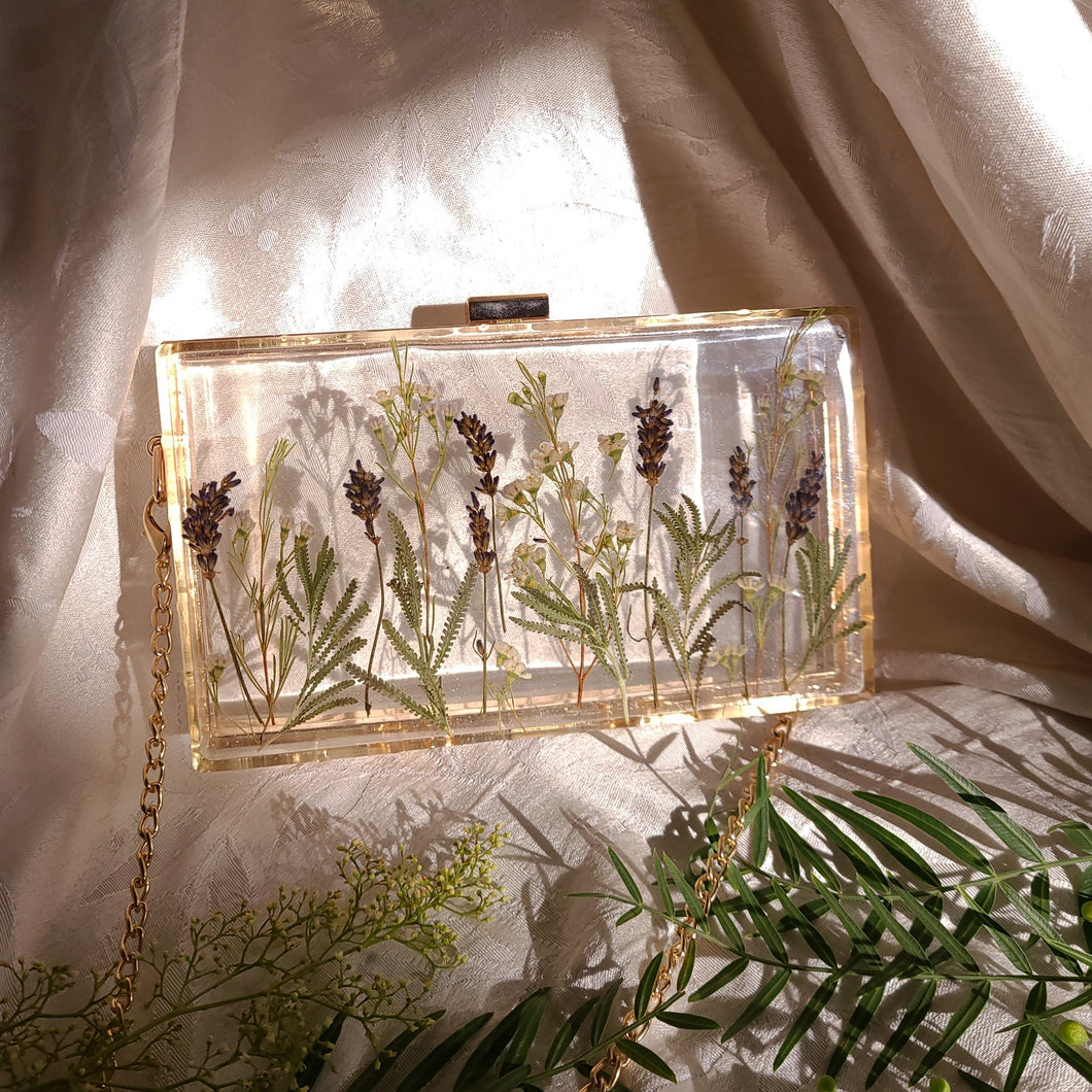 Rectangular Lavender Clutch, resin clutch, removable golden crossbody chain, 8 inches x 4.5 inches