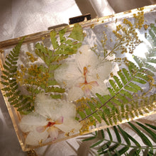 Load image into Gallery viewer, Rectangular Orchid Clutch, resin clutch, removable golden crossbody chain, 8 inches x 4.5 inches
