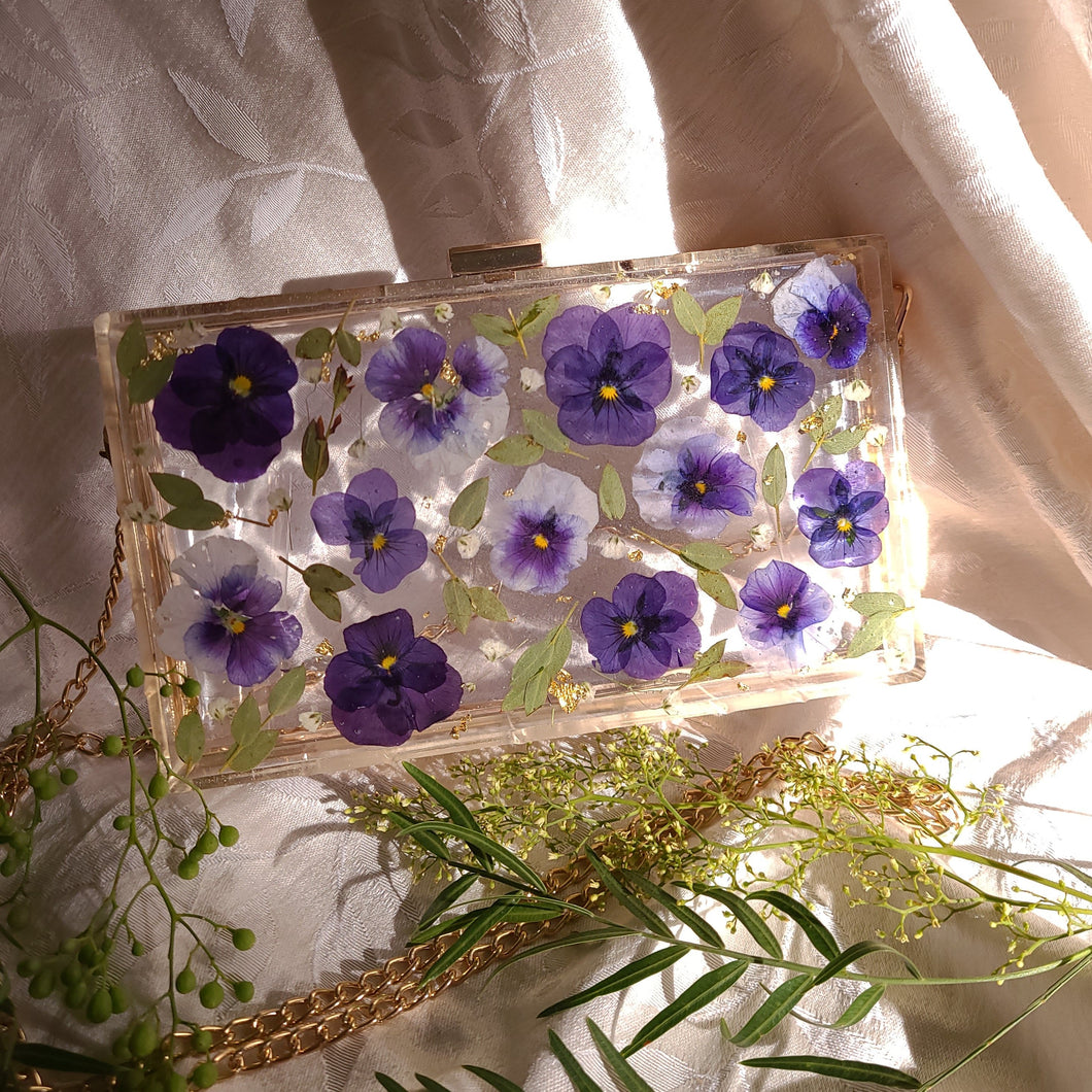 Rectangular Violet Clutch, resin clutch, removable golden crossbody chain, 8 inches x 4.5 inches