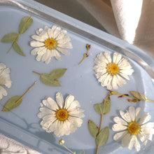 Load image into Gallery viewer, Little Daisy Blue Vanity tray, 7 inches x 3.75 inches, real pressed flower in resin, FDA food safe resin
