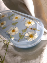 Load image into Gallery viewer, Little Daisy Blue Vanity tray, 7 inches x 3.75 inches, real pressed flower in resin, FDA food safe resin
