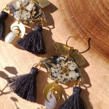 Load image into Gallery viewer, White Blossom Earring, real pressed flower in resin, hammered brass, real jade bezel,bohemian statement earring

