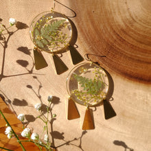 Load image into Gallery viewer, Fern dangles, real pressed flower in resin, bohemian statement earring
