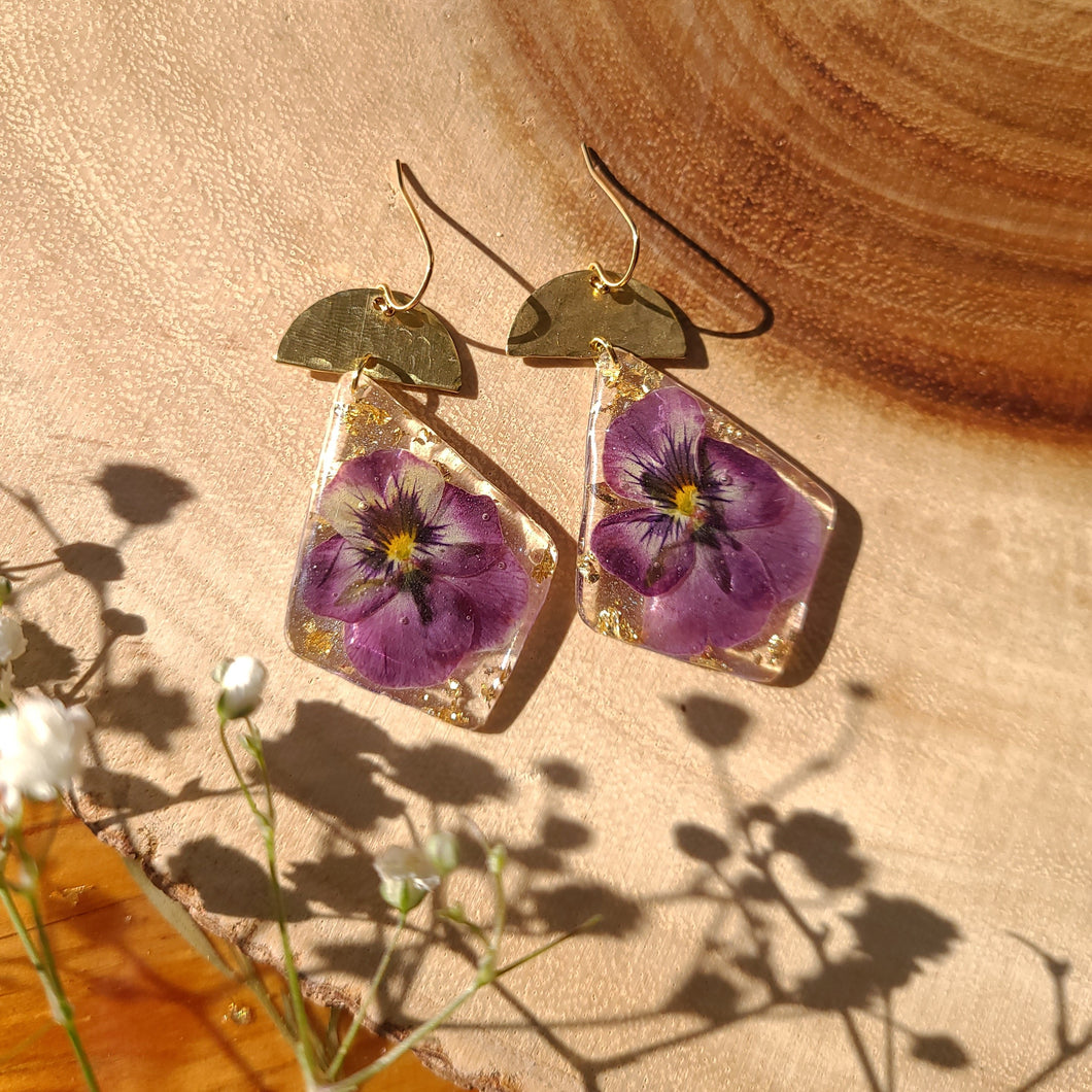 Violet dangles, real pressed flower in resin, hammered brass