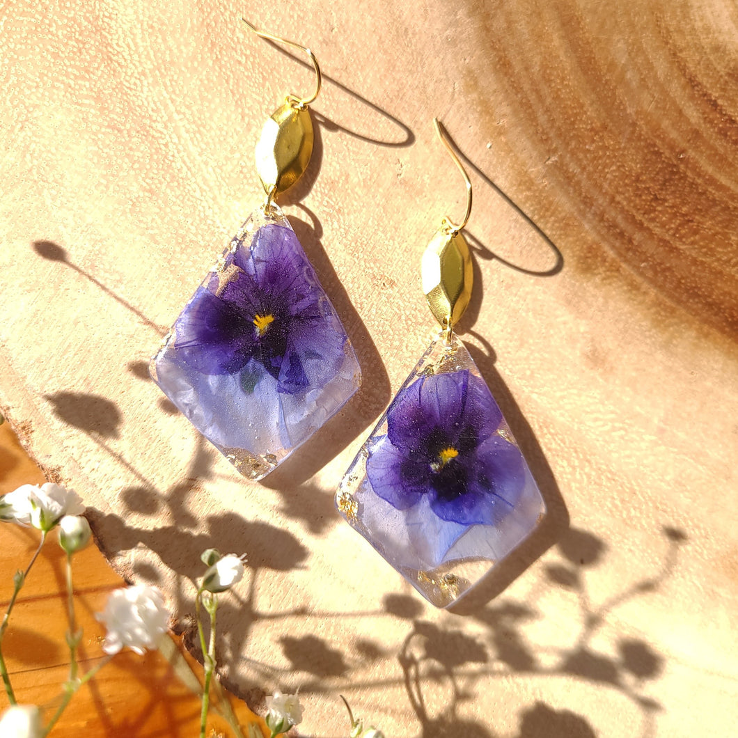 Violet dangles, real pressed flower in resin, bohemian statement earring