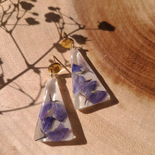 Load image into Gallery viewer, Lupine earrings, gold plated stainless steel posts, real pressed flower in resin

