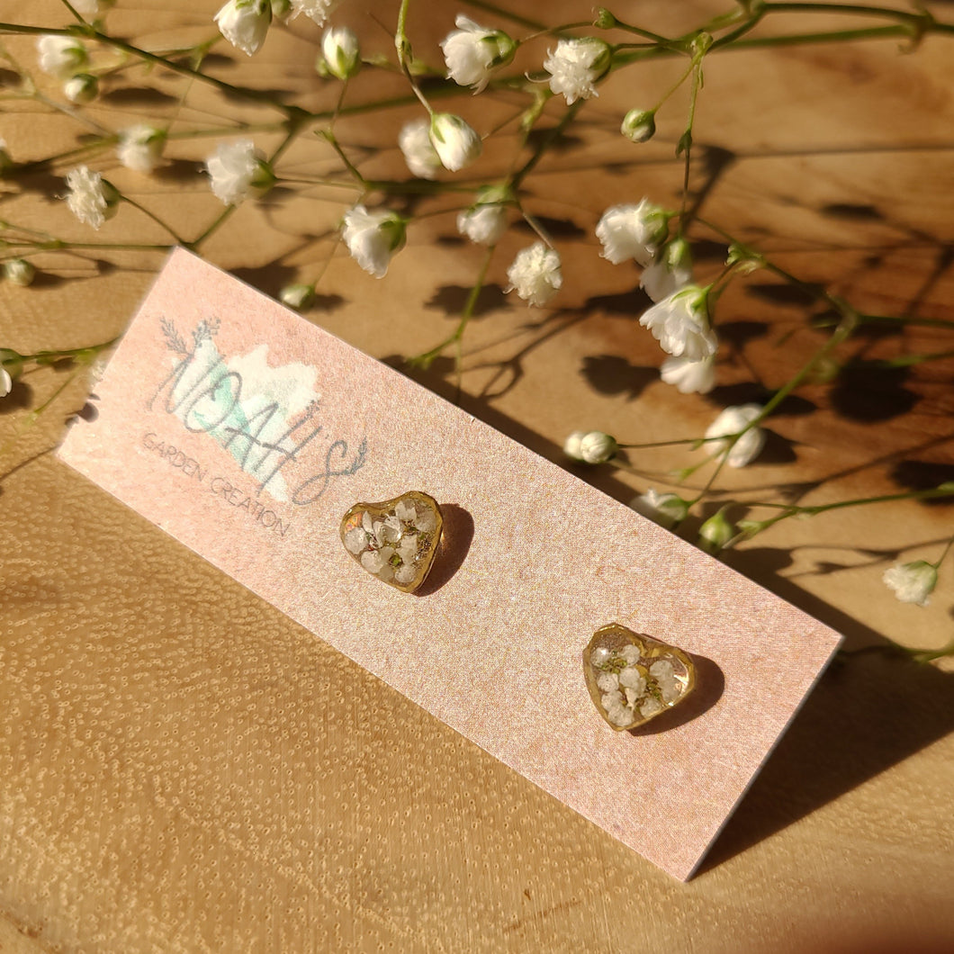 Little Heart-Shape Studs, real pressed flower in resin, stainless steel posts