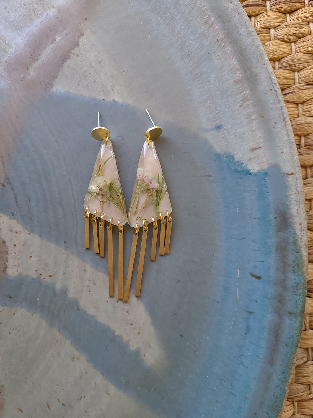 Spring collection-dusty pink blossom, real pressed flower in resin, light weight golden tassel