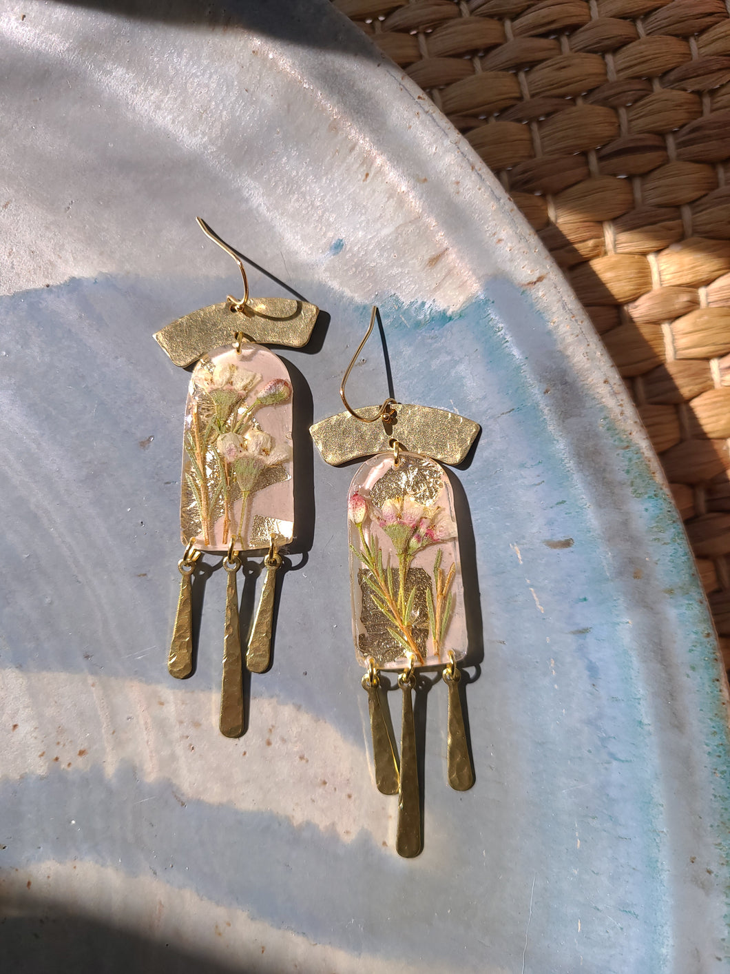 Spring collection-dusty pink blossom, real pressed flower in resin, hammered brass tassels