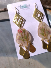Load image into Gallery viewer, Spring collection-dusty pink blossom, real pressed flower in resin, hammered brass teardrop

