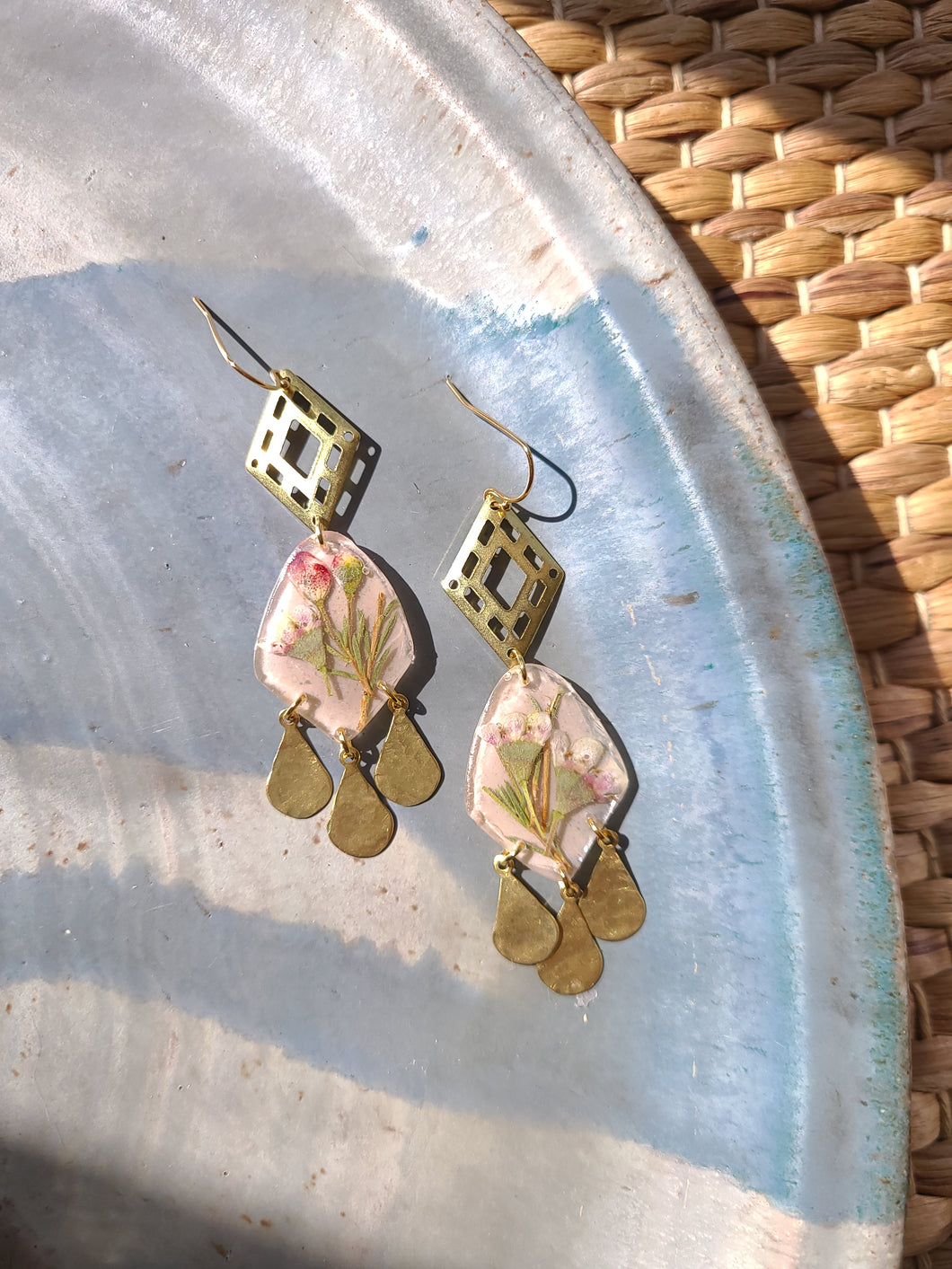 Spring collection-dusty pink blossom, real pressed flower in resin, hammered brass teardrop