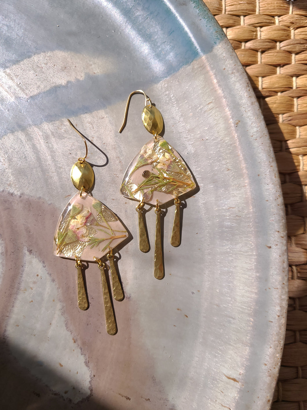 Spring collection-dusty pink blossom, real pressed flower in resin, hammered brass,