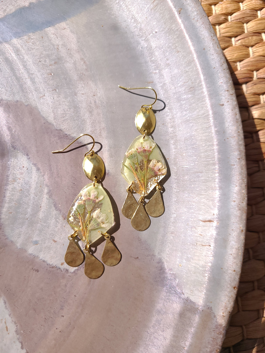 Spring collection-jade green blossom, real pressed flower in resin, hammered brass