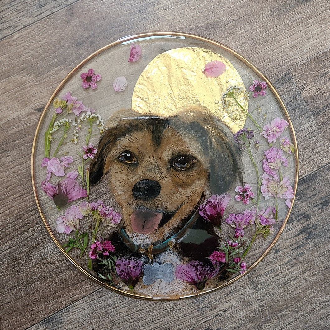 Custom Pet Portrait, 8 inch acrylic pet portraits with pressed botanicals