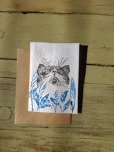 Load image into Gallery viewer, Blue Cat, Block printed cards on plantable wildflower seed paper, 4 x6 inches, kraft paper envelope
