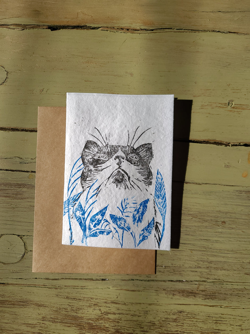Blue Cat, Block printed cards on plantable wildflower seed paper, 4 x6 inches, kraft paper envelope