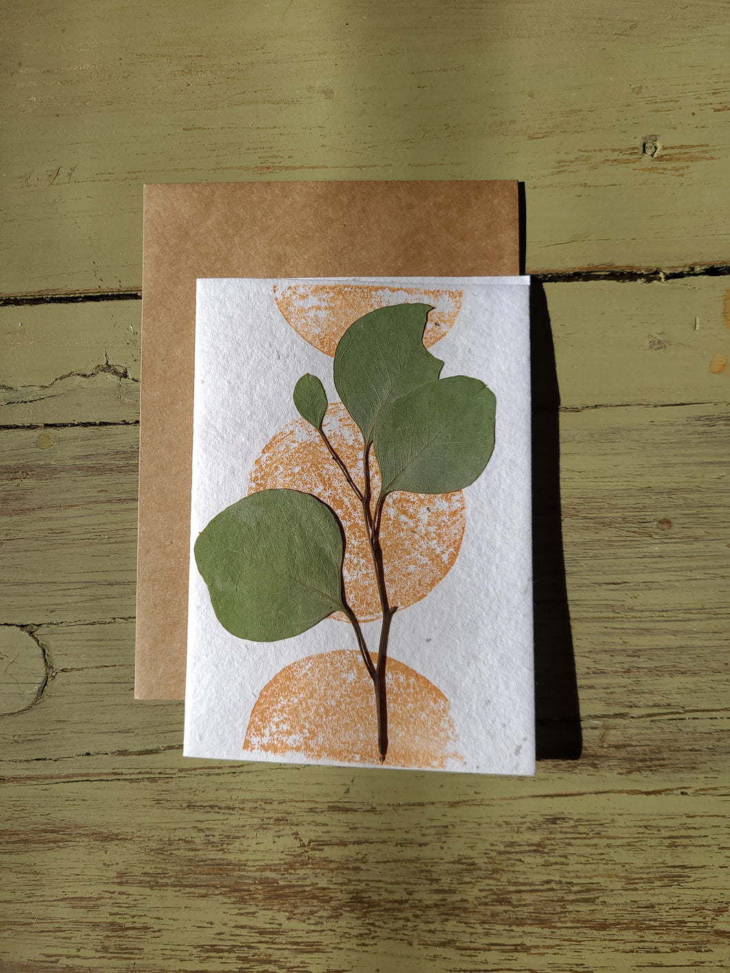 Pressed Eucalyptus on Block printed cards on plantable wildflower seed paper, 4 x6 inches, kraft paper envelope