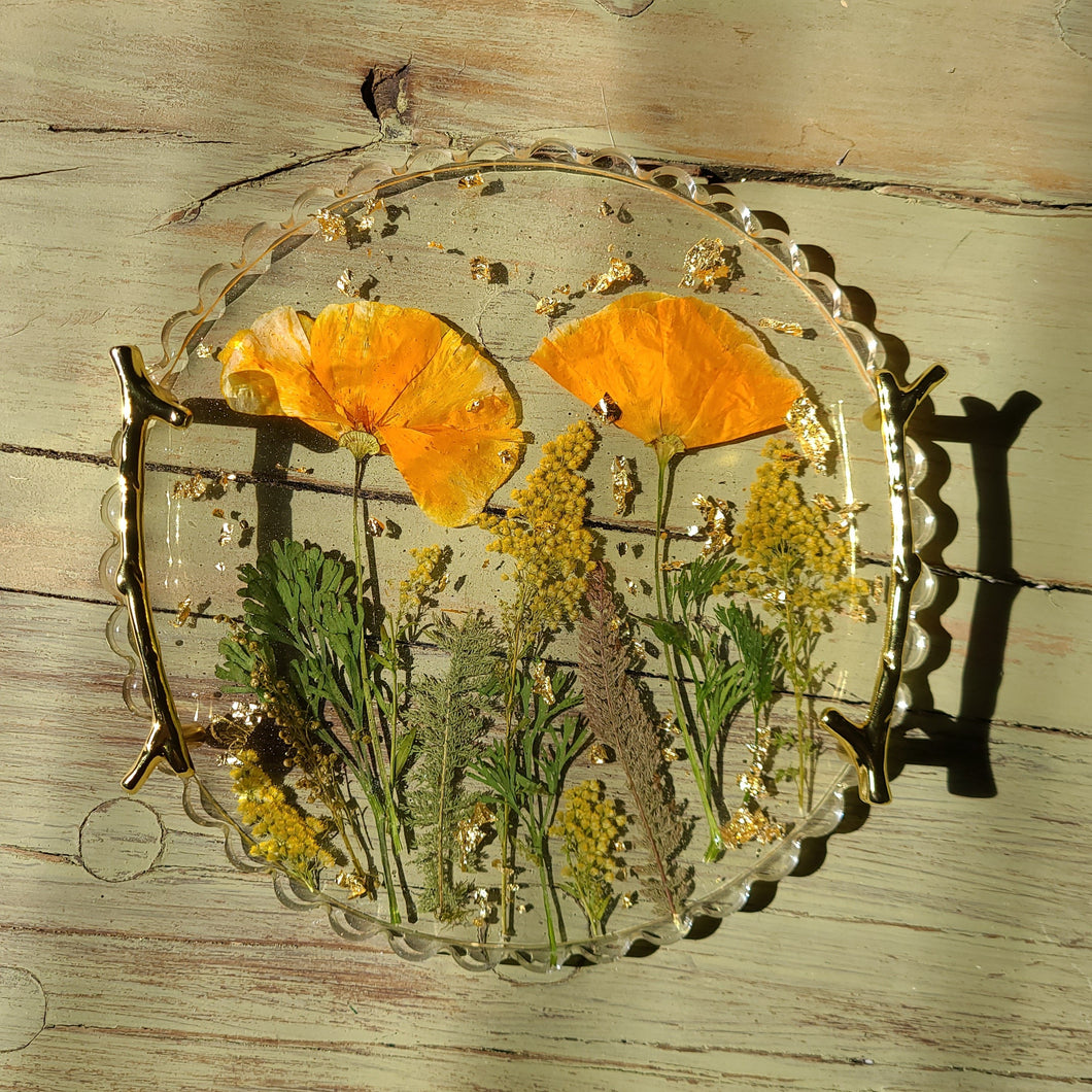 Poppy Garden Tray, charcuterie board, 9.5 inches in diameter , metal twig handle, made with FDA food safe resin